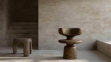 Abstract Minimalist Wooden Chair and Stool in Beige Room