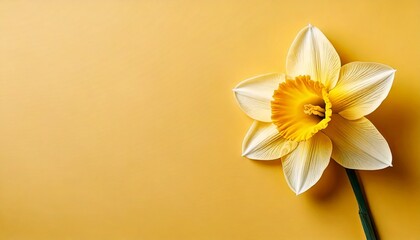 Fototapeta premium Beautiful daffodil flower on a vibrant yellow surface with space for copy