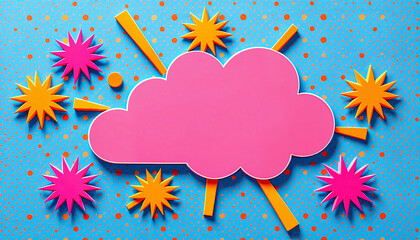 A vibrant pop art image featuring a pink cloud shape surrounded by orange starbursts, set against a blue background with a pattern of red dots