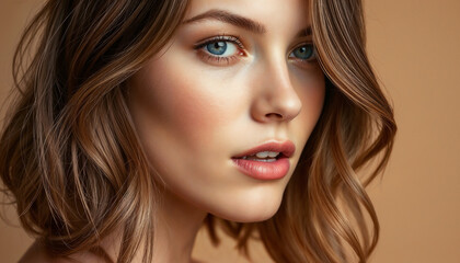 Naklejka premium Close-up portrait of a young woman with green eyes and short brown hair in soft natural lighting.