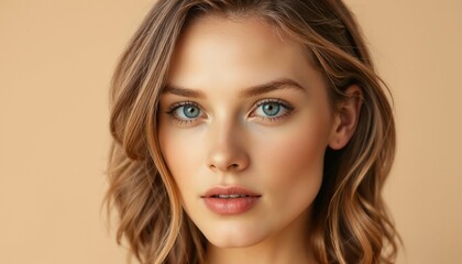 Attractive young woman with striking blue eyes and golden blond hair, posing against a neutral background. The photo emphasizes beauty and features bright lighting, highlighting her natural facial
