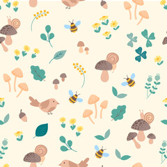 Forest pattern with birds, flowers, mushrooms, snails, bumblebees and leaves on beige background. Summer, spring animal seamless print for kids. Cute floral fabric design for babies. Botanic elements