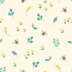 Floral pattern with flowers, leaves and bumblebees in yellow and green colors on beige background. Summer, spring, autumn botanical children's seamless print. Cartoon fabric design for kids, gift wrap