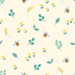 Gardinen Kinderzimmer Muster  Floral pattern with flowers, leaves and bumblebees in yellow and green colors on beige background. Summer, spring, autumn botanical children's seamless print. Cartoon fabric design for kids, gift wrap  © Anna Butenko