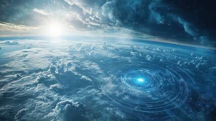 Fototapeta premium Futuristic Earth vista with luminous portal and serene cloudscape panorama