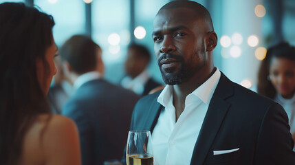 An elegant Black man in his late thirties, wearing a suit and white shirt, talking to a woman at a cocktail party