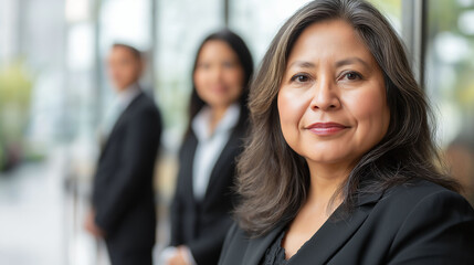 Fototapeta premium Portrait of two businesswomen and a man. One is a middle-aged Hispanic woman with shoulder-length hair. Two other Latinas in the background stand behind her, looking at the camera.