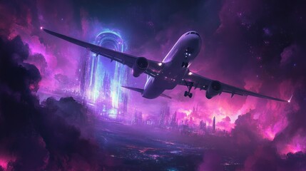 Obraz premium Futuristic Plane Through Portal City Clouds
