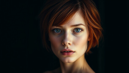Fototapeta premium A captivating portrait of a red-haired woman, with striking lighting emphasizing her features, set against a dark backdrop for a moody and artistic effect.