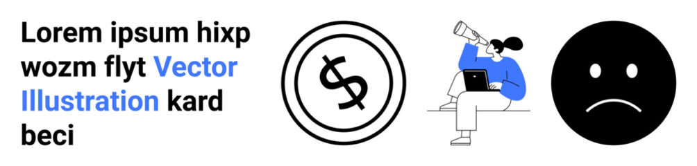 Person using telescope beside dollar icon and sad face indicating financial exploration, emotional states, and abstract concepts. Ideal for business, finance, mental health, analysis, discovery
