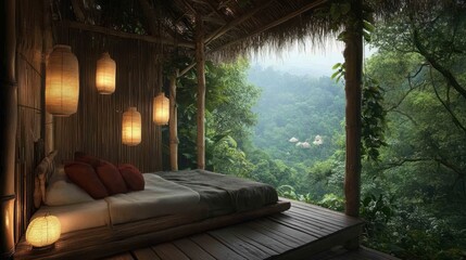 Enchanting rainforest retreat: Bamboo treehouse with lanterns offering tranquil escape