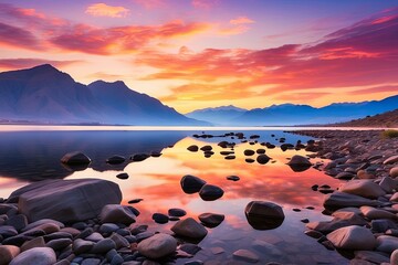 Obraz premium A panoramic view of a tranquil lake at twilight,