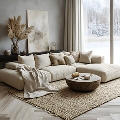 Minimalist, scandinavian home interior design of modern living room 2025. Bright family room with modern beige sectional sofa, soft textiles, and large windows overlooking a serene landscape. 