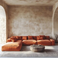 Terra cotta corner sofa in room with beige stucco walls. Minimalist interior design of modern living room for 2025
