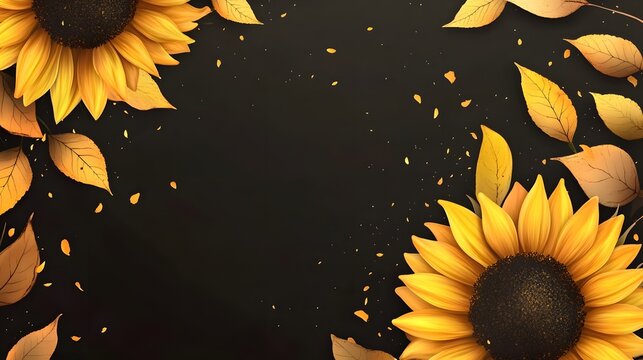 Autumn Sunflowers with Golden Leaves on Black Background