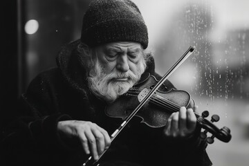 Fototapeta premium Elderly Man Playing Violin, Rainy Street