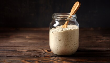 rustic glass jar of active sourdough starter with wooden spoon on dark wooden surface