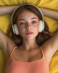 Naklejka premium Smiling young woman with headphones on a yellow background