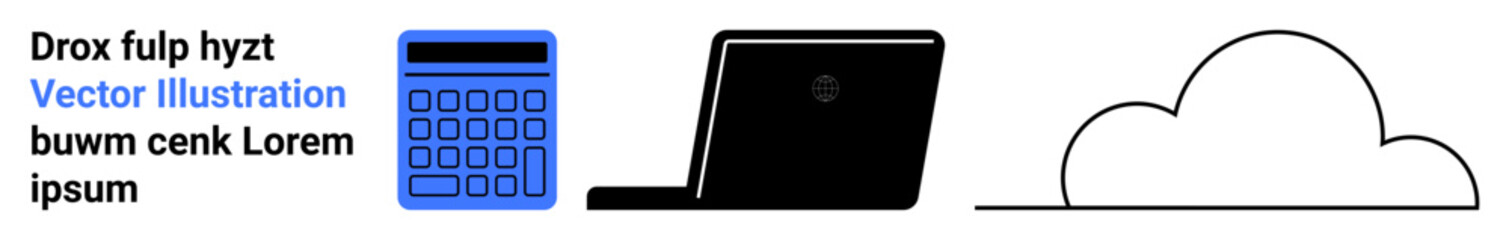 Text block paired with a calculator, open laptop, and cloud shape capture modern office tools. Ideal for education, accounting, technology, data storage, remote work, analytics simple landing page