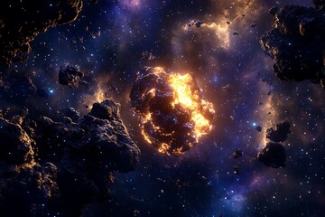 Obraz premium Blazing meteor with luminous tail streaking across deep space detailed texture of burning rock core trailing particles and plasma in photorealistic detail