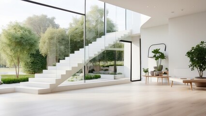 Obraz premium Modern interior space featuring large glass windows that provide natural light and a view of green landscaping.