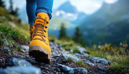 A solo traveler hiking up a mountain trail with stunning views at the summit, Outdoor Adventure, Challenging and rewarding