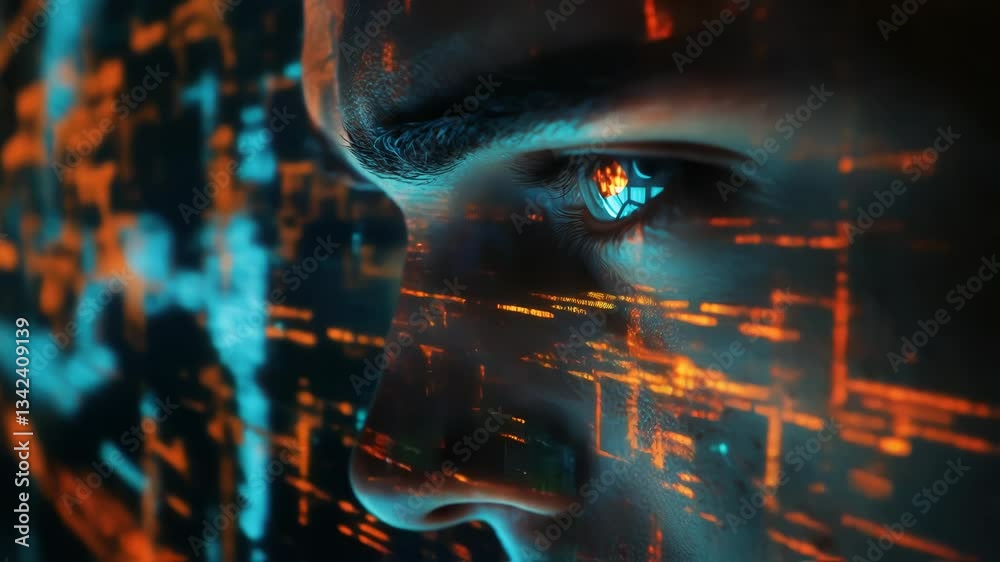 Poster programmer's face illuminated by shifting screen light while intensely analyzing complex source code