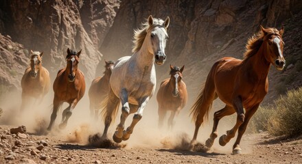 herd of white and brown horses in the desert landscape
