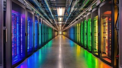 Fototapeta premium Colorful server racks in a data center hallway. Possible use Stock photo for technology articles or presentations