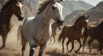 Obraz premium herd of white and brown horses in the desert landscape