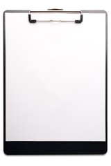Black cipboard with blank sheet of white paper isolated on White