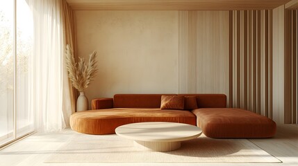 Terra cotta corner sofa in room with beige stucco walls. Minimalist interior design of modern living room for 2025
