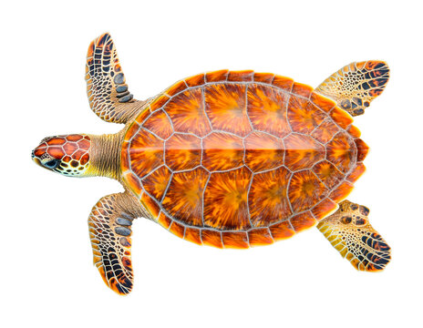 Top view of vibrantly colored sea turtle with detailed shell patterns, cut out