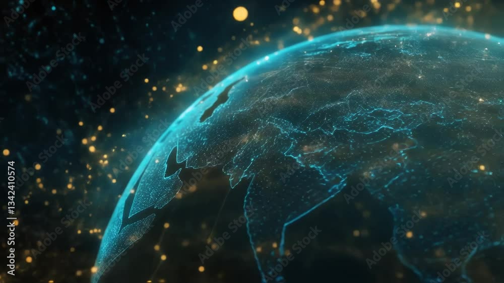 Poster glowing digital network particles encompassing rotating planet earth, visualizing global connections