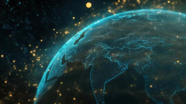 Glowing digital network particles encompassing rotating planet earth, visualizing global connections and data transmission across asia through advanced technological representation - Powered by Adobe