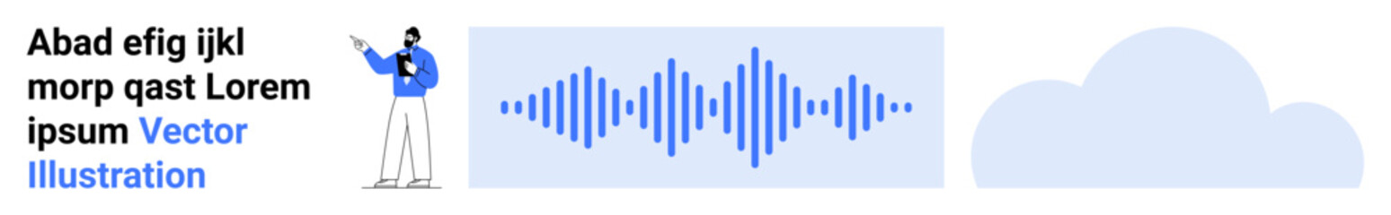 Man pointing to sound wave, cloud visual, and text block. Ideal for audio tech, communication, cloud storage, AI, sound design, presentations simple landing page