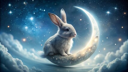 A celestial rabbit with silvery fur that sparkles like moon dust, sitting on a glowing crescent moon. Soft dreamy lighting, photorealistic 