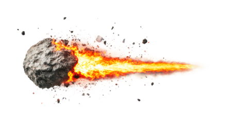 Fiery meteor with glowing trail and scattered debris, cut out