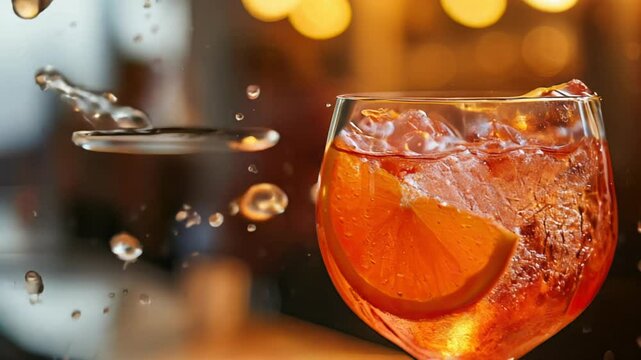 italian spritz cocktail in big glasses with orange on wooden table