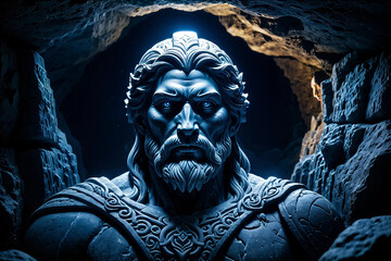 Obraz premium A regal statue with intricate detailing stands in a cavernous temple, symbolizing ancient divinity and cultural grandeur, inviting exploration of lost civilizations