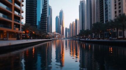 Reflection in Dubai Marina canal with high-rise buildings and palm trees