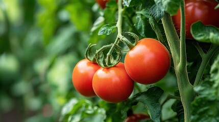 Ripe tomato cluster in greenhouse