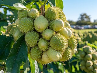Green fruits growing on a tree in a sunny outdoor field