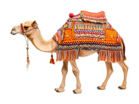 Adorned camel with colorful traditional blanket and decorative tassels, cut out