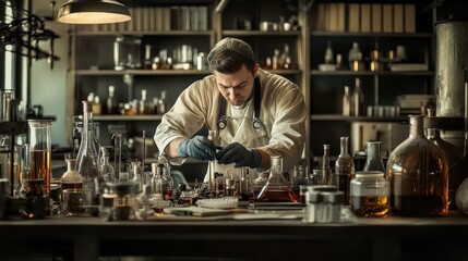 A laboratory scientist carefully examines a vial of liquid chemicals