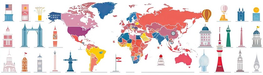 Naklejka premium World map with landmarks and colored countries