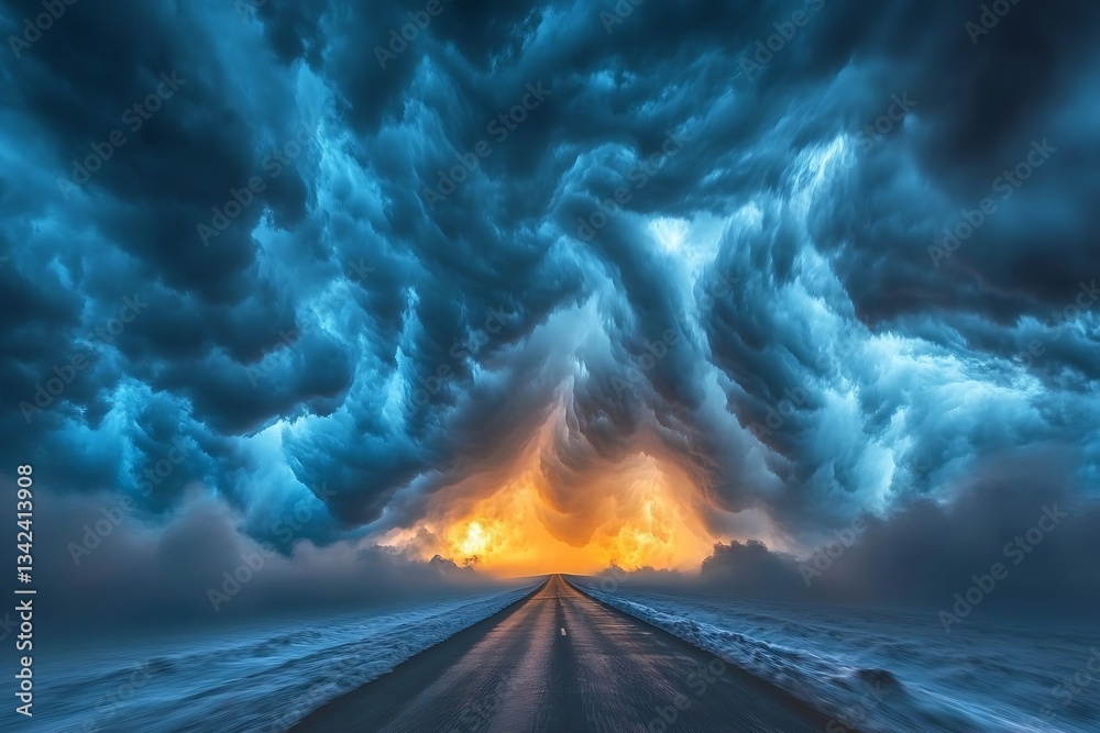 Poster surreal landscape with dramatic swirling clouds and vibrant sunset colors creating artistic scenery 