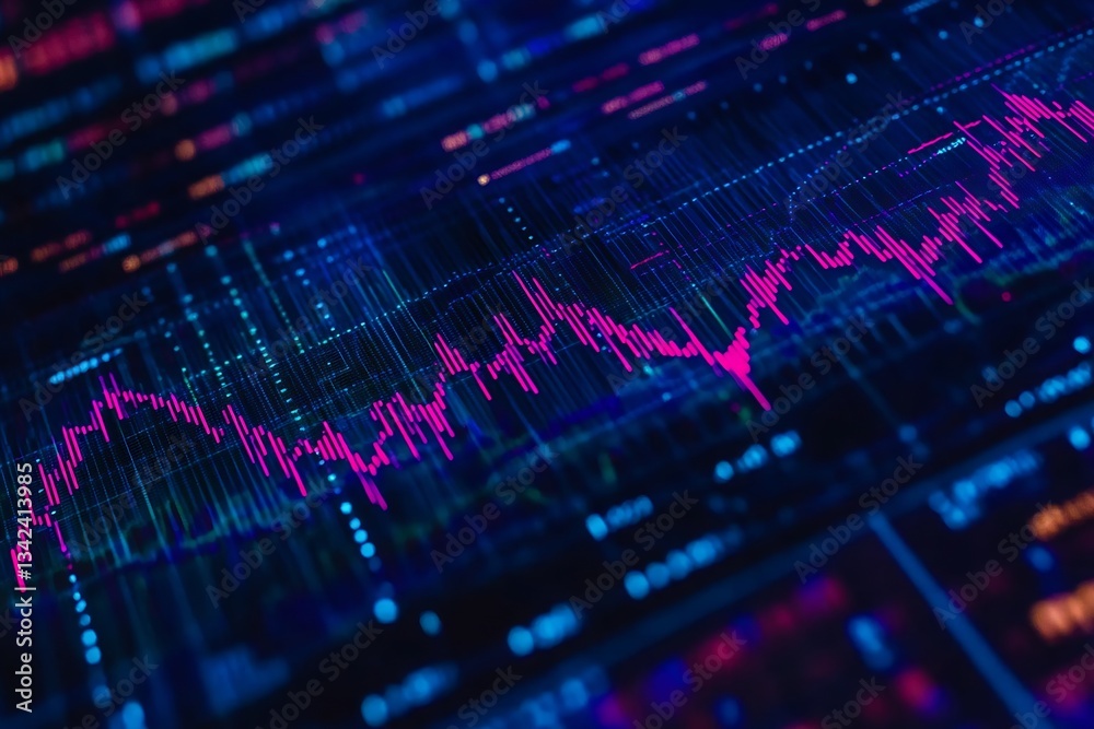 Poster Colorful data visualization showing a dynamic financial graph with bright pink lines and glowing dots in a digital technology setting : Generative AI