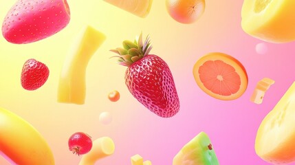 Fototapeta premium Colorful Fruits and Vegetables in Mid-Air, Gradient Background, Food Photography