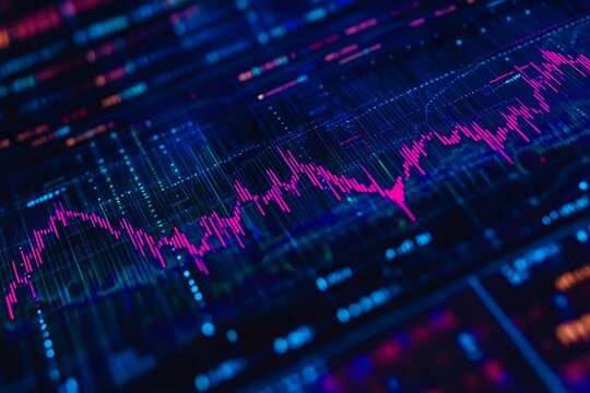 Colorful data visualization showing a dynamic financial graph with bright pink lines and glowing dots in a digital technology setting : Generative AI